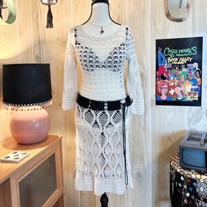 Vintage Women's Medium Sheer Cream Crochet Dress 90s 2000s